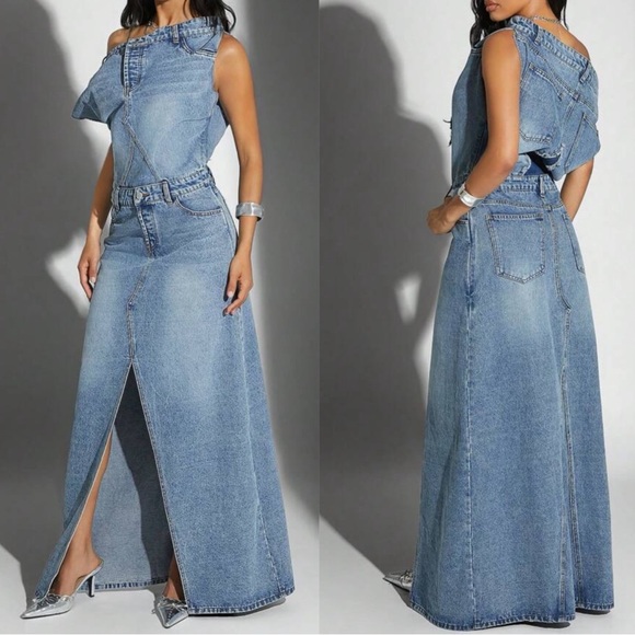 medium Wash one shoulder Split Thigh Maxi Denim Dress - Picture 3 of 6